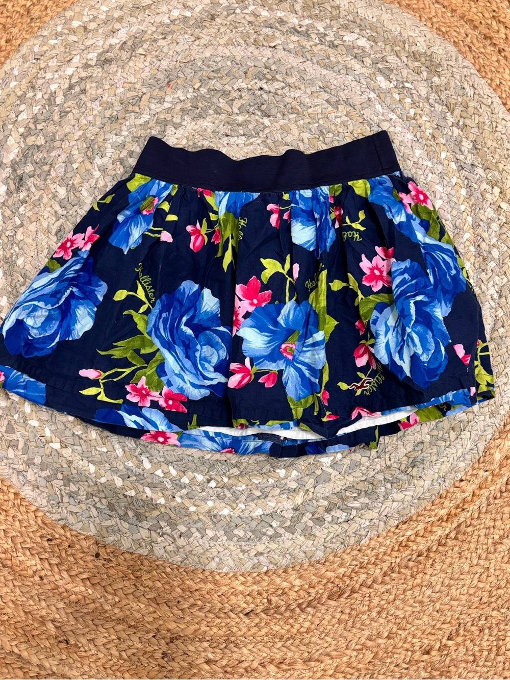Hollister Navy Floral Circle Skirt with Blue and Pink Roses